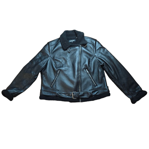 Men's Black Rivet Black Faux Leather Sherpa Moto Jacket - XXL - Picture 1 of 13